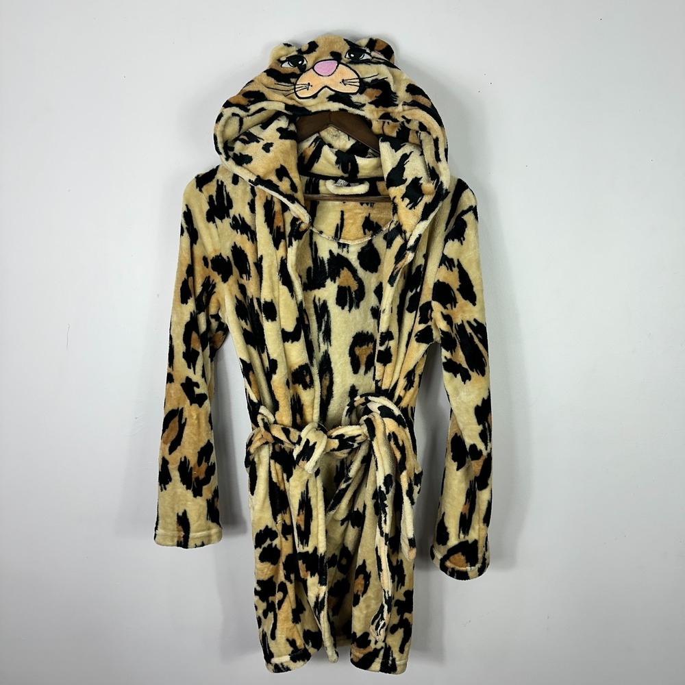 ASOS Leopard Print Robe Womens XS Tan Black Hooded Fleece Animal Loungewear